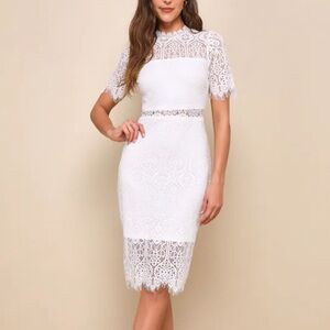 Lulus Remarkable White Sheer Lace Short Sleeve Mini Dress size SM